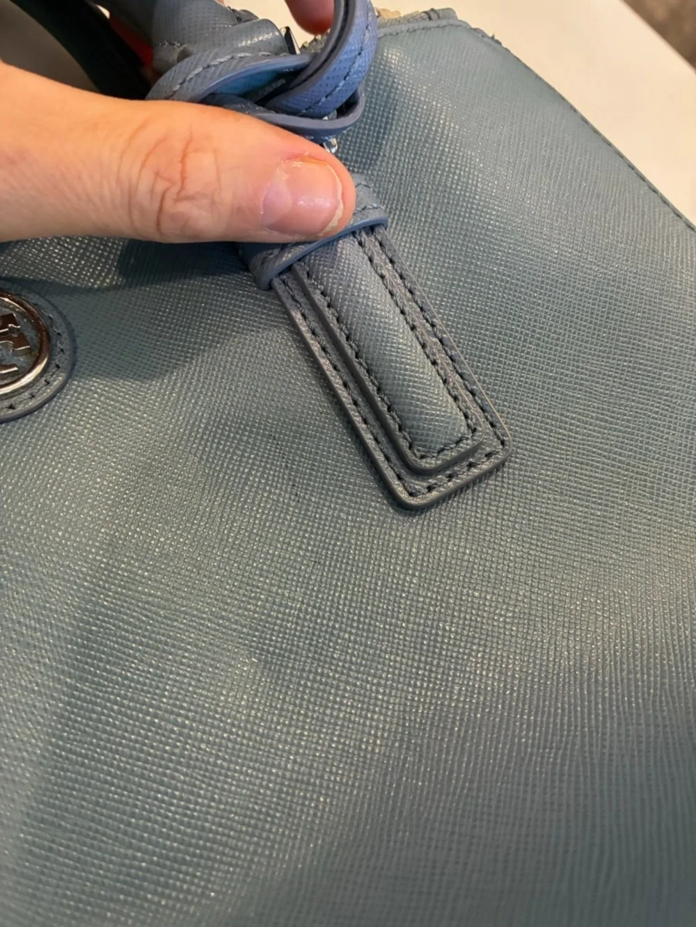 Tory Burch Blue Leather Double-Zip Satchel with Detachable Strap and silver